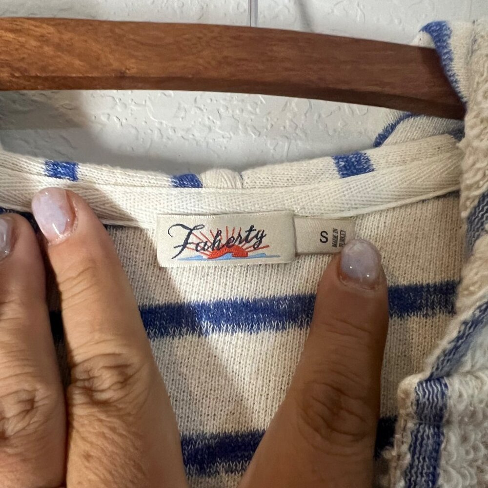 Faherty Blue Cream Striped Pacifica Terry Pullover Hoodie Womens Size Small - Picture 2 of 6